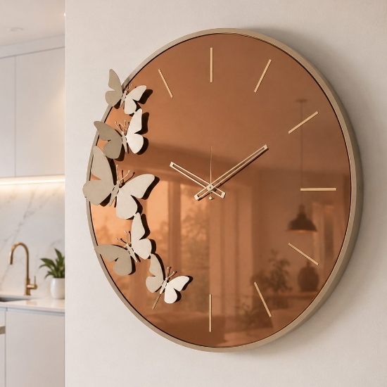 Orologio moderno rotondo a parete effetto specchio bronzo farfalle oro 70cm