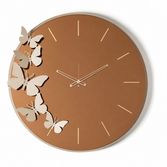 Orologio moderno rotondo a parete effetto specchio bronzo farfalle oro 70cm