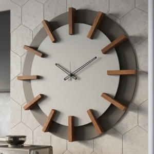 Orologio rotondo da parete fango alluminio e dettagli legno faggio 70cm