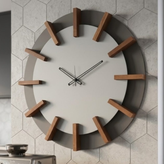 Orologio rotondo da parete fango alluminio e dettagli legno faggio 70cm