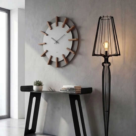 Orologio rotondo da parete fango alluminio e dettagli legno faggio 70cm