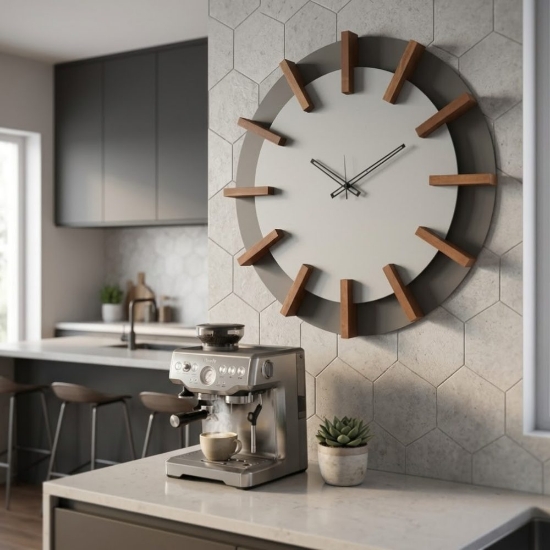 Orologio rotondo da parete fango alluminio e dettagli legno faggio 70cm