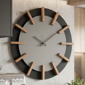 Orologio moderno a parete rotondo nero e fango dettagli legno faggio 70cm