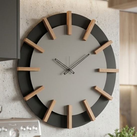 Orologio moderno a parete rotondo nero e fango dettagli legno faggio 70cm