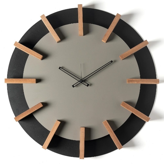 Orologio moderno a parete rotondo nero e fango dettagli legno faggio 70cm