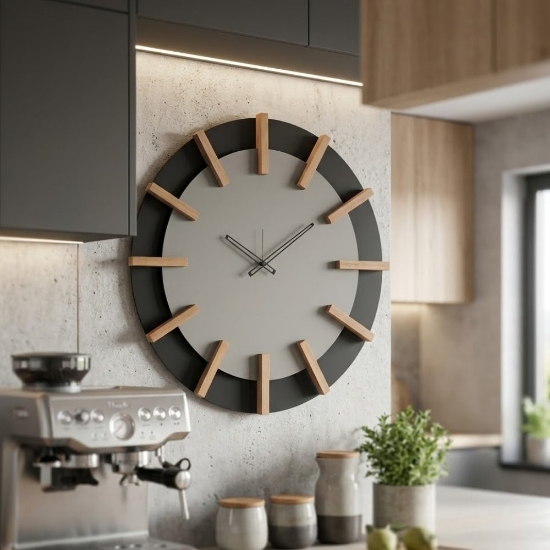 Orologio moderno a parete rotondo nero e fango dettagli legno faggio 70cm