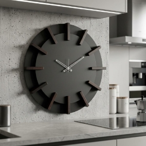 Orologio da parete moderno rotondo nero dettagli legno wengé