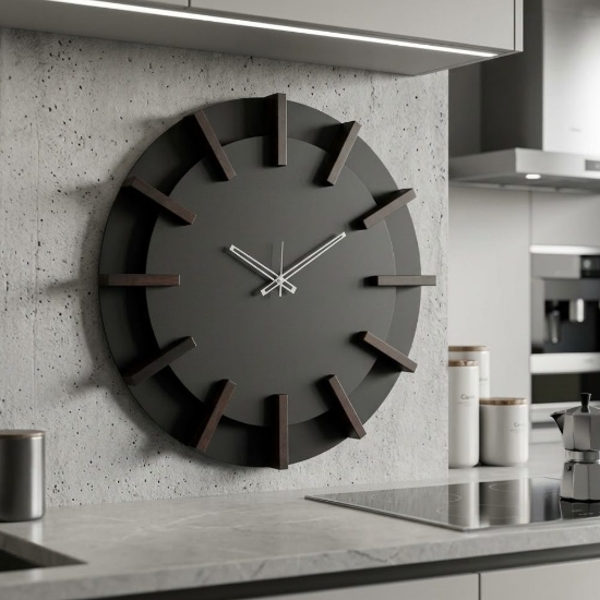 Orologio da parete moderno rotondo nero dettagli legno wengé