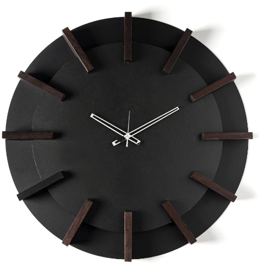 Orologio da parete moderno rotondo nero dettagli legno wengé
