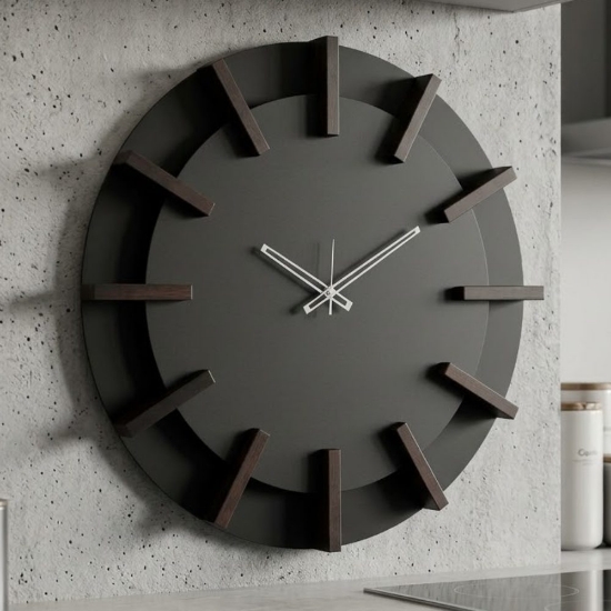 Orologio da parete moderno rotondo nero dettagli legno wengé