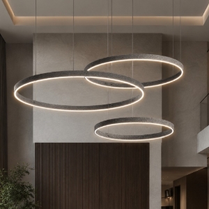 Lampadario moderno grigio perla sospensioni anelli 80-100-120 cm led 300w cct 3000k 4000k