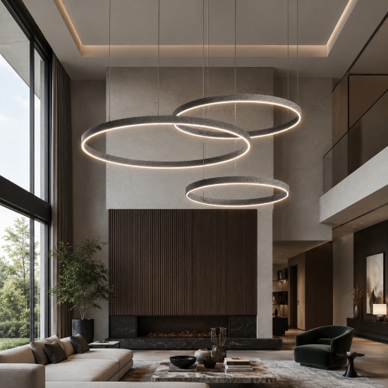 Lampadario moderno grigio perla sospensioni anelli 80-100-120 cm led 300w cct 3000k 4000k