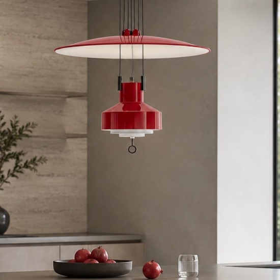 Saliscendi stilnovo lampada a sospensione rubino opalino led 2700k dimmerabile