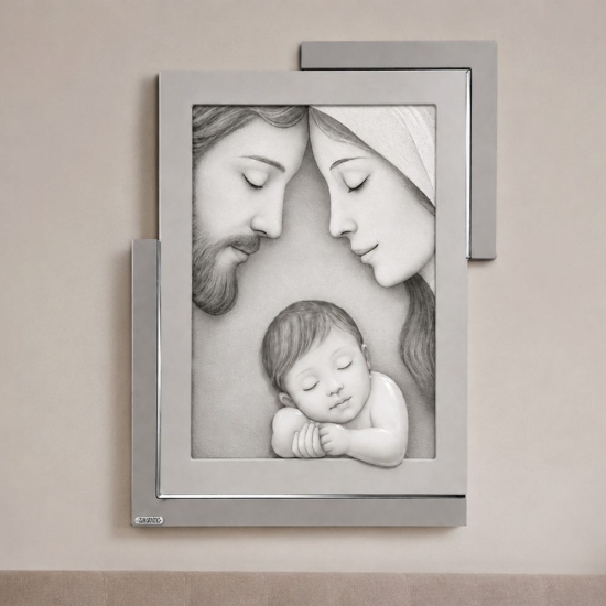 Quadro capezzale capoletto  42x53 cm sacra famiglia grigio resina lucido