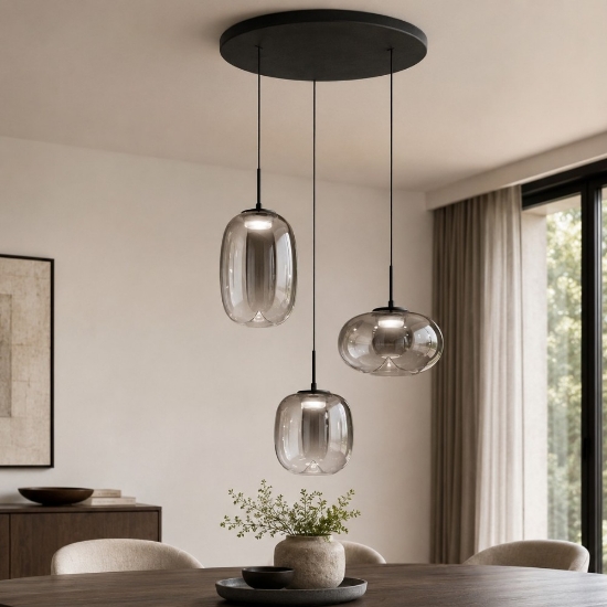 Lampadario per tavolo da pranzo fabas brio led cct 2700k 3000k 4000k vetro grigio fumé