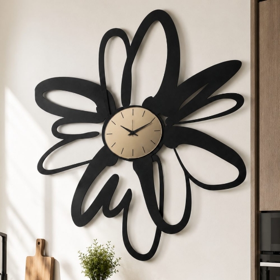 Orologio moderno a parete design fiore nero quadrante vetro ottone