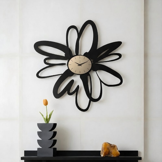 Orologio moderno a parete design fiore nero quadrante vetro ottone