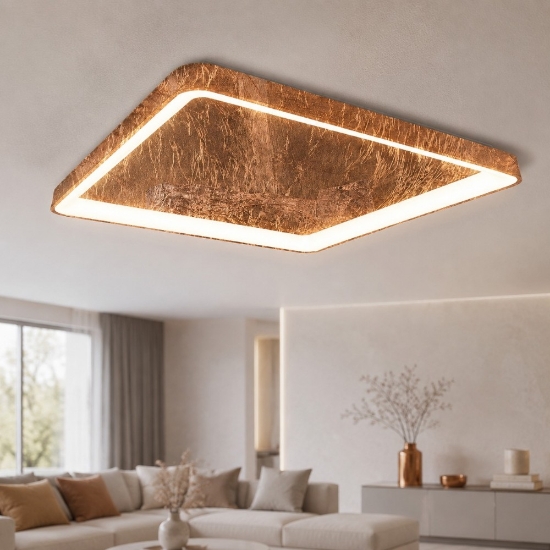 Plafoniera moderna quadrata per soggiorno foglia rame led 70w cct 3000k 4000k