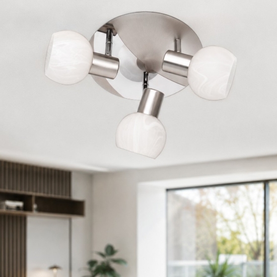 Plafoniera moderna nichel opaco vetro e14 3 faretti orientabili