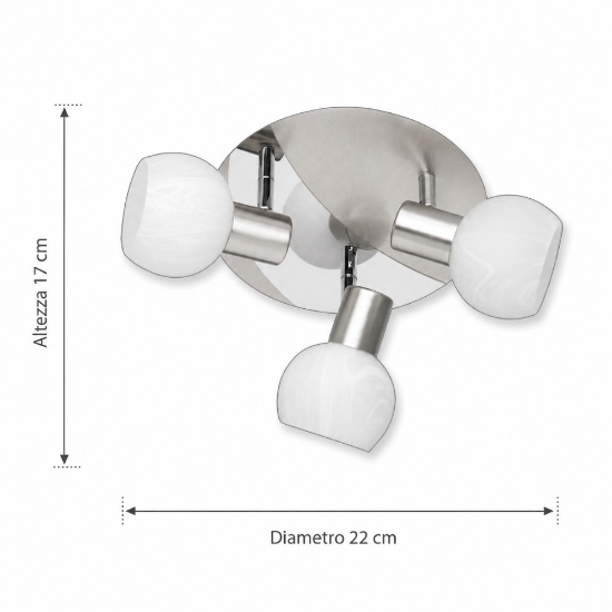 Plafoniera moderna nichel opaco vetro e14 3 faretti orientabili