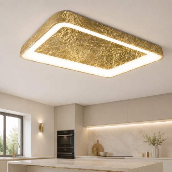 Plafoniera 50cm moderna rettangolare foglia oro per cucina led 48w cct 3000k 4000k