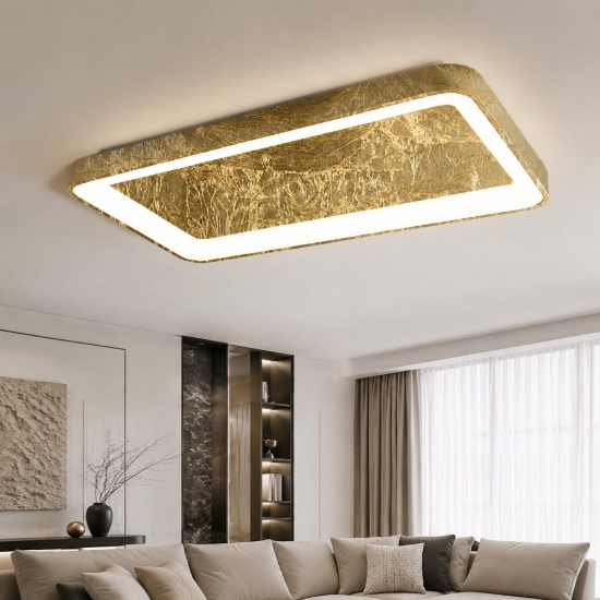 Plafoniera 70cm moderna rettangolare foglia oro per soggiorno led 60w cct 3000k 4000k