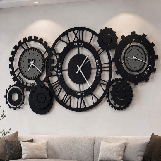 Orologio da parete design ingranaggi fusi orario nero e fango