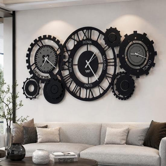 Orologio da parete design ingranaggi fusi orario nero e fango