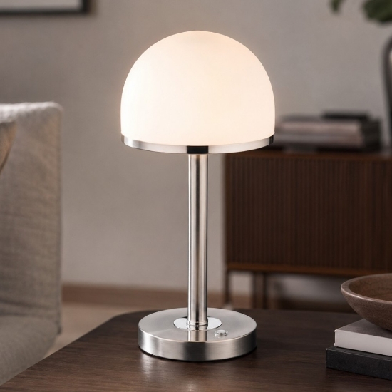 Lampada da tavolo mezza sfera nichel opaco vetro led 4w 3000k dimmerabile