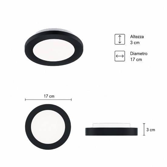 Plafoniera da bagno tonda nera opaco led 3000k dimmerabile ip44