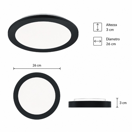 Plafoniera da esterno tonda nero opaco led 15w 3000k ip44 dimmerabile