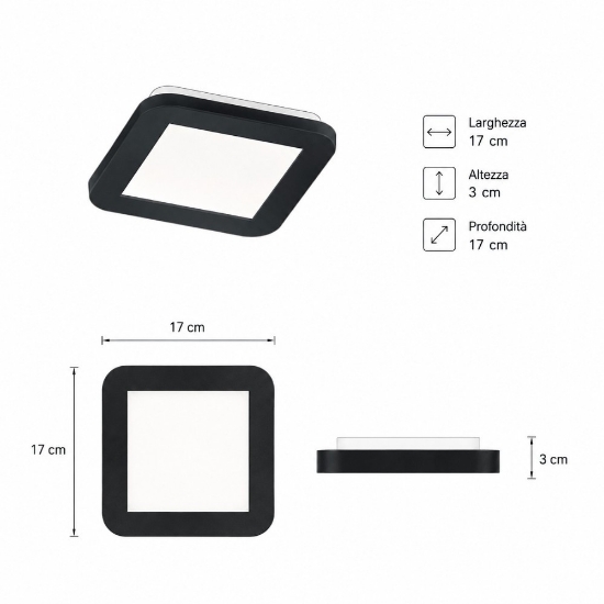 Plafoniera da da bagno quadrata nera opaco led 3000k dimmerabile ip44