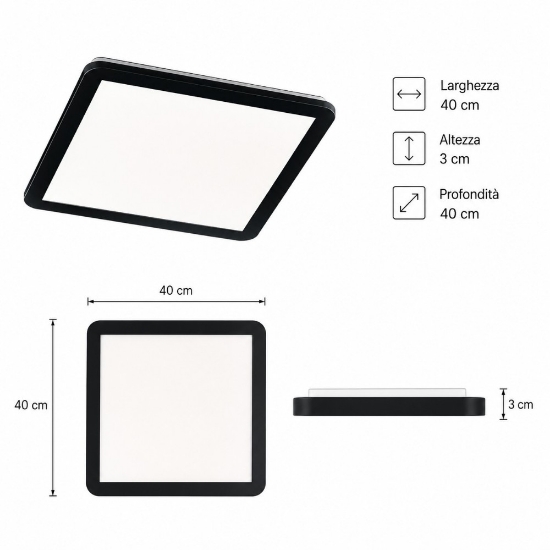 Plafoniera da esterno quadrata nero opaco led 24w 3000k ip44 dimmerabile