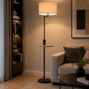 Lampada da terra nera mensola legno presa usb