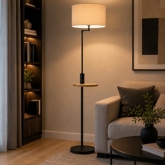 Lampada da terra nera mensola legno presa usb