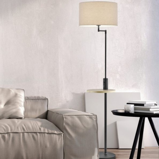 Lampada da terra nera mensola legno presa usb