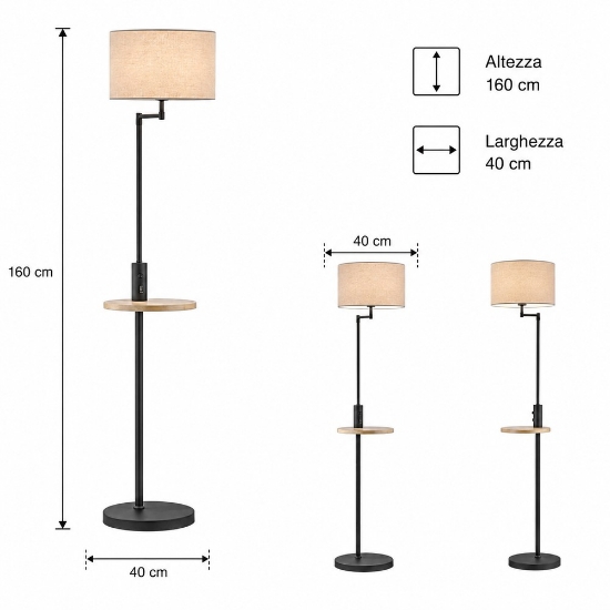 Lampada da terra nera mensola legno presa usb