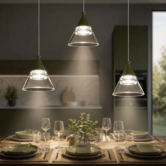 Lampadario a sospensione conico moderno verde oliva per cucina led 21w cct 3000k 4000k