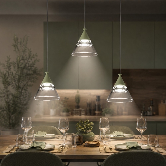 Lampadario a sospensione conico moderno verde salvia per cucina led 21w cct 3000k 4000k