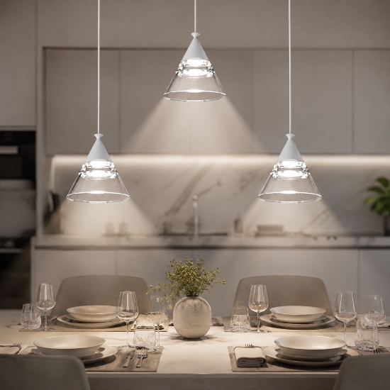 Lampadario a sospensione conico moderno bianco per cucina led 21w cct 3000k 4000k