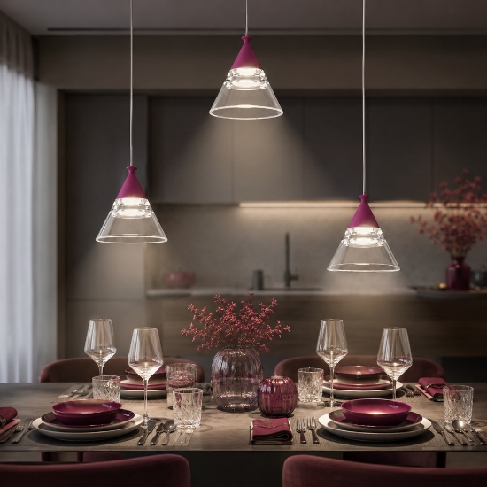 Lampadario a sospensione conico moderno magenta per cucina led 21w cct 3000k 4000k