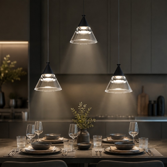 Lampadario a sospensione moderno per cucina conico nero led 21w cct 3000k 4000k