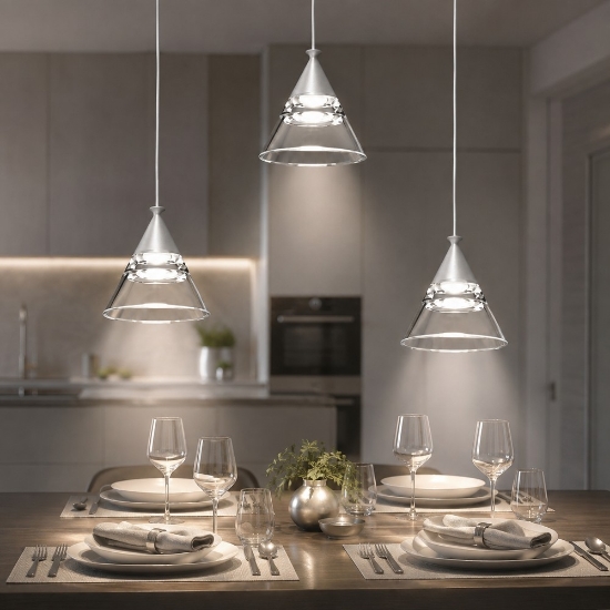 Lampadario a sospensione conico moderno grigio perla per cucina led 21w cct 3000k 4000k