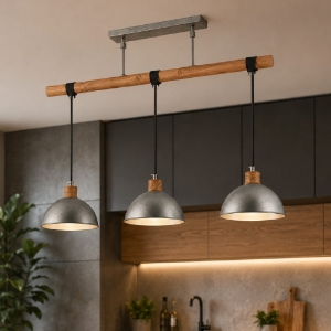 Lampadario a sospensione per cucina cupole nickel anticato legno con 3 luci