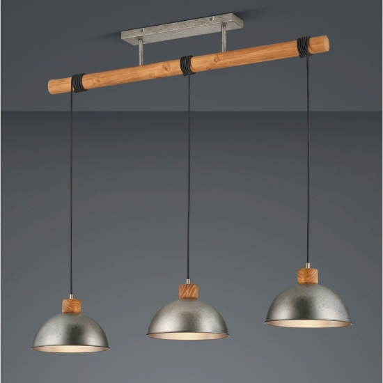 Lampadario a sospensione per cucina cupole nickel anticato legno con 3 luci