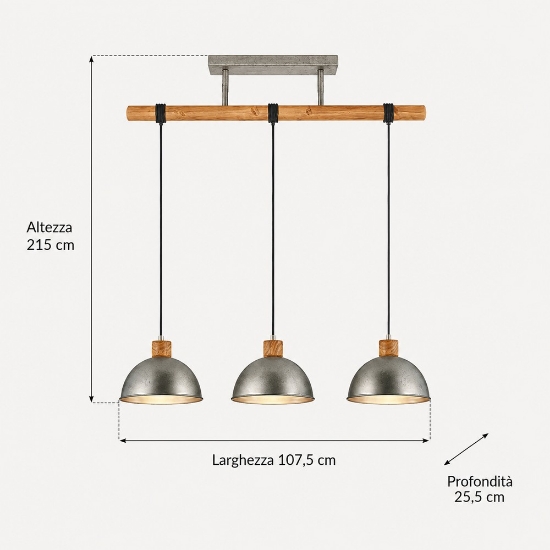 Lampadario a sospensione per cucina cupole nickel anticato legno con 3 luci