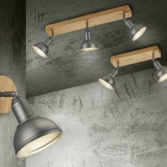 Plafoniera con 3 faretti industriale nickel anticato legno e14