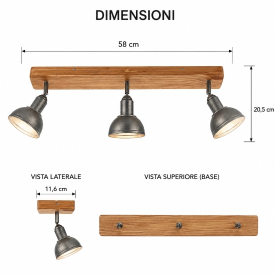 Plafoniera con 3 faretti industriale nickel anticato legno e14