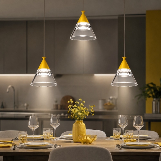 Lampadario a sospensione conico moderno giallo per cucina led 21w cct 3000k 4000k