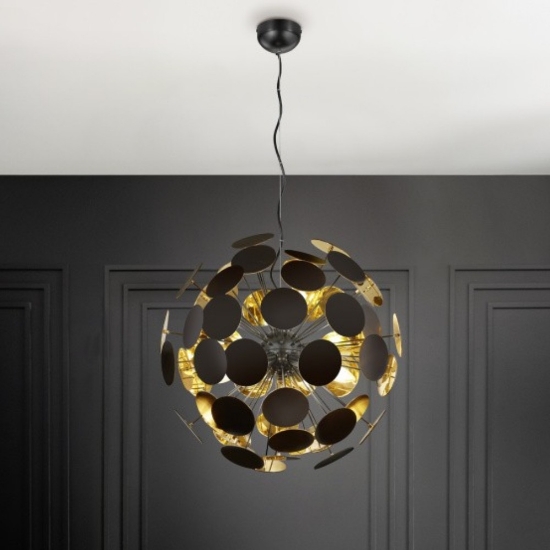Lampadario moderno per salotto a sospensione rotondo nero opaco oro